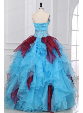 Aqua and Wine Red Strapless Beading and Ruche Quinceanera Dress