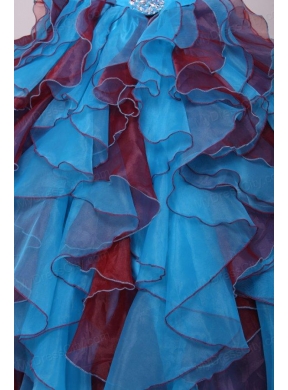 Aqua and Wine Red Strapless Beading and Ruche Quinceanera Dress