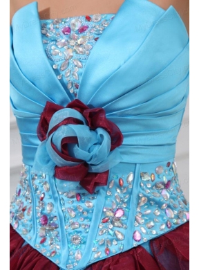 Aqua and Wine Red Strapless Beading and Ruche Quinceanera Dress