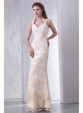 Beautiful Halter Top Column Lace Champagne Wedding Dress Floor-length