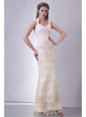Beautiful Halter Top Column Lace Champagne Wedding Dress Floor-length