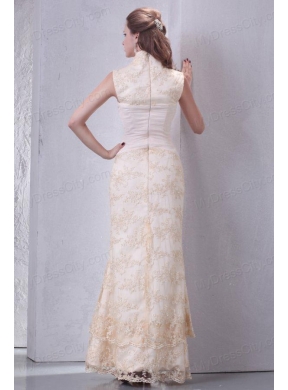 Beautiful Halter Top Column Lace Champagne Wedding Dress Floor-length