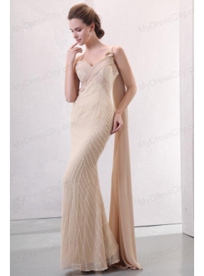 Column Champagne One Shoulder Watteau Train Beading Chiffon Wedding Dress