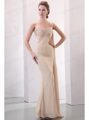 Column Champagne One Shoulder Watteau Train Beading Chiffon Wedding Dress