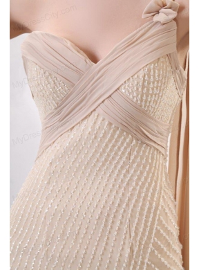 Column Champagne One Shoulder Watteau Train Beading Chiffon Wedding Dress