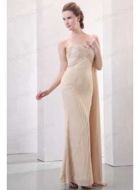 Column Champagne One Shoulder Watteau Train Beading Chiffon Wedding Dress