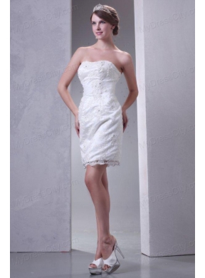 Column Strapless Mini-length Lace Wedding Dress with Lace Up