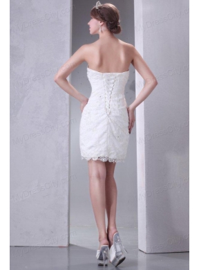 Column Strapless Mini-length Lace Wedding Dress with Lace Up