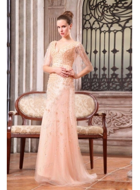 Column V-neck Sweep Train Wedding Dress with Appliques and Beading