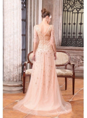 Column V-neck Sweep Train Wedding Dress with Appliques and Beading