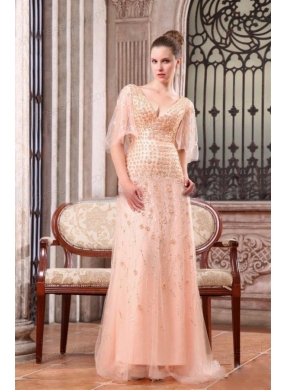 Column V-neck Sweep Train Wedding Dress with Appliques and Beading