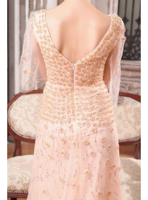 Column V-neck Sweep Train Wedding Dress with Appliques and Beading