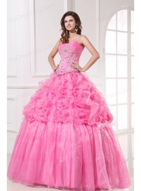 Rose Pink Sweetheart Appliques and Rolling Flowers Quinceanera Dress