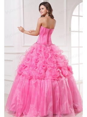 Rose Pink Sweetheart Appliques and Rolling Flowers Quinceanera Dress