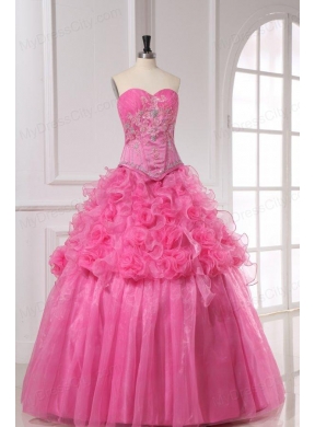 Rose Pink Sweetheart Appliques and Rolling Flowers Quinceanera Dress