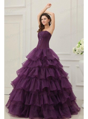 Strapless Beading and Ruffles Layered Quinceanera Dress in Dark Purple