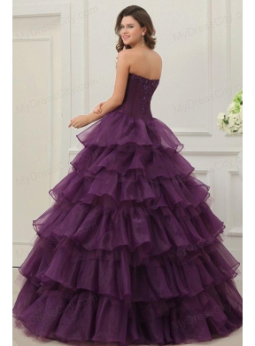 Strapless Beading and Ruffles Layered Quinceanera Dress in Dark Purple