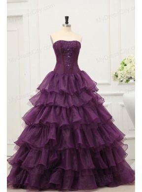 Strapless Beading and Ruffles Layered Quinceanera Dress in Dark Purple