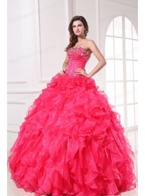 Strapless Organza Coral Red Quinceanera Dress with Beading and Ruffles