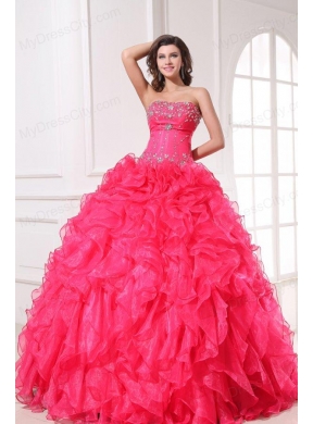 Strapless Organza Coral Red Quinceanera Dress with Beading and Ruffles