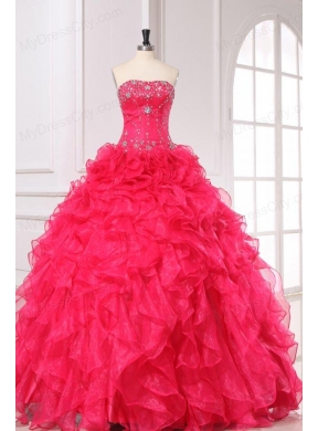 Strapless Organza Coral Red Quinceanera Dress with Beading and Ruffles
