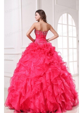 Strapless Organza Coral Red Quinceanera Dress with Beading and Ruffles