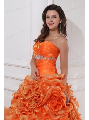 Sweetheart Beading and Rolling Flowers A-line Orange Quinceanera Dress