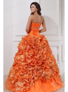 Sweetheart Beading and Rolling Flowers A-line Orange Quinceanera Dress