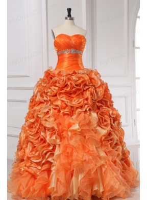 Sweetheart Beading and Rolling Flowers A-line Orange Quinceanera Dress