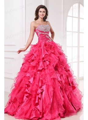 Sweetheart Beading and Ruffles Long Hot Pink Quinceanera  Dress