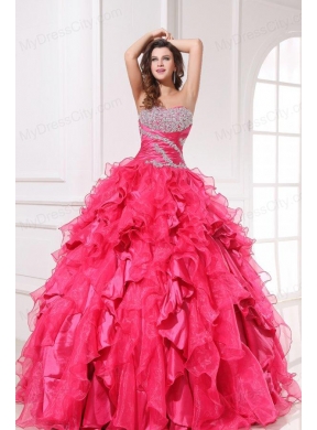 Sweetheart Beading and Ruffles Long Hot Pink Quinceanera  Dress