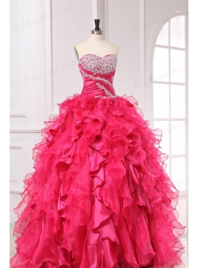 Sweetheart Beading and Ruffles Long Hot Pink Quinceanera  Dress