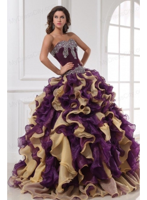 Sweetheart Beading and Ruffles Organza Multi-color Quinceanera Dress