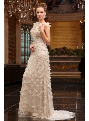 Unique Empire Bateau Brush Train Wedding Dress with Special Fabric