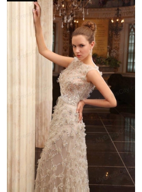 Unique Empire Bateau Brush Train Wedding Dress with Special Fabric
