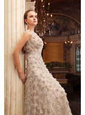 Unique Empire Bateau Brush Train Wedding Dress with Special Fabric