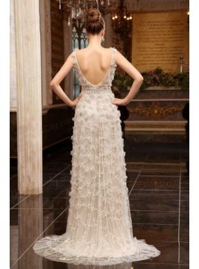 Unique Empire Bateau Brush Train Wedding Dress with Special Fabric