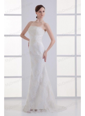 Column Brush Train Appliques Zipper Up Lace 2014 Wedding Dress