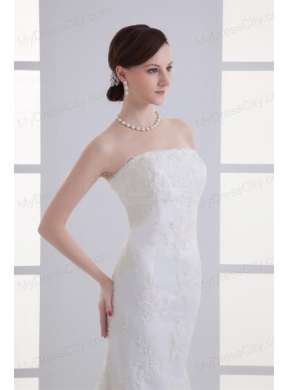 Column Brush Train Appliques Zipper Up Lace 2014 Wedding Dress