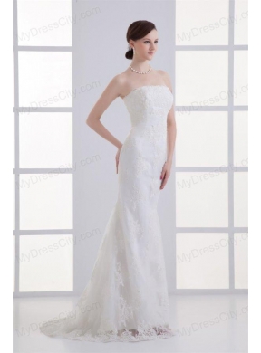 Column Brush Train Appliques Zipper Up Lace 2014 Wedding Dress