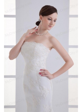 Column Brush Train Appliques Zipper Up Lace 2014 Wedding Dress