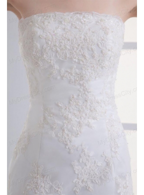 Column Brush Train Appliques Zipper Up Lace 2014 Wedding Dress