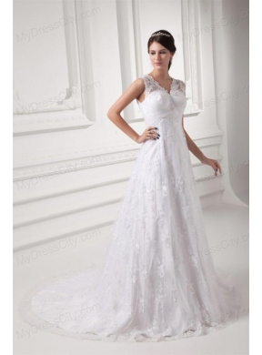 Luxurious A-line V-neck Wedding Dress with Lace Court Train