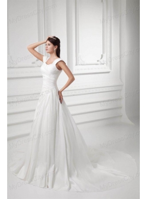 Pretty A-line Straps Chapel Train Wedding Dress with Ruching