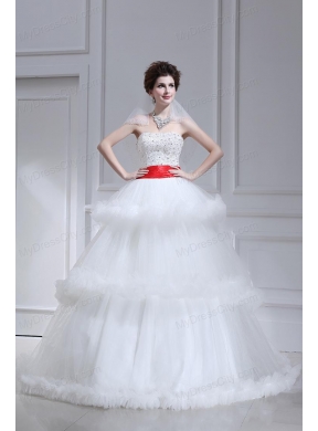2014 Spring Beautiful Ball Gown Strapless Beading Ruffled Layers Chapel Train Wedding Dress