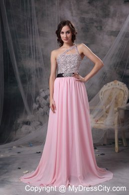 Empire Chiffon Brush Train Baby Pink Prom Evening Dresses with Cool Neckline