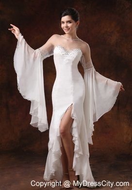 Sheer Bateau High Slit Long Sleeves Beaded Wedding Dress
