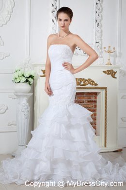 2013 Exquisite Strapless Mermaid Organza Appliques Dress for Brides