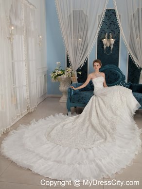 Gorgeous A-Line Princess Strapless Beaded Cathedral Train Wedding Dress