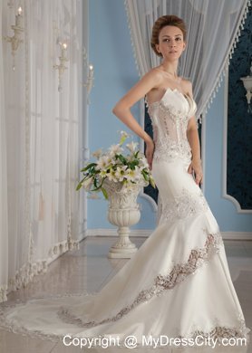 Sheer Mermaid Strapless Court Train Lace and Satin Beaded Wedding Dress